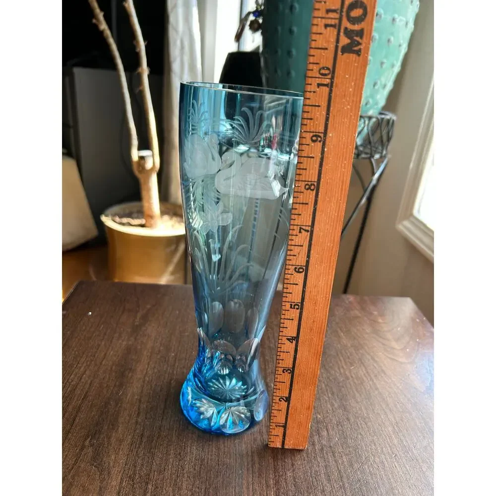 New Vintage blue cut to clear glass bud vase etched swans
